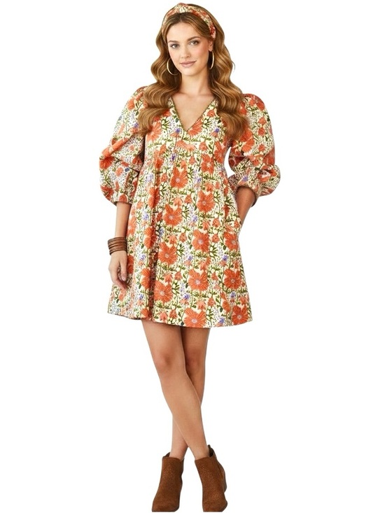 Gigio Dresses & Skirts - Gigio Babydoll Dress Coral Cream Floral Puffy Balloon Sleeve Pockets S Made/USA